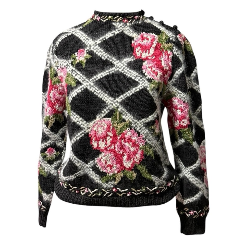 Lauren Cole Vintage‎ 80s Floral Pattern Hand Knit Sweater Top Cottagecore Small
